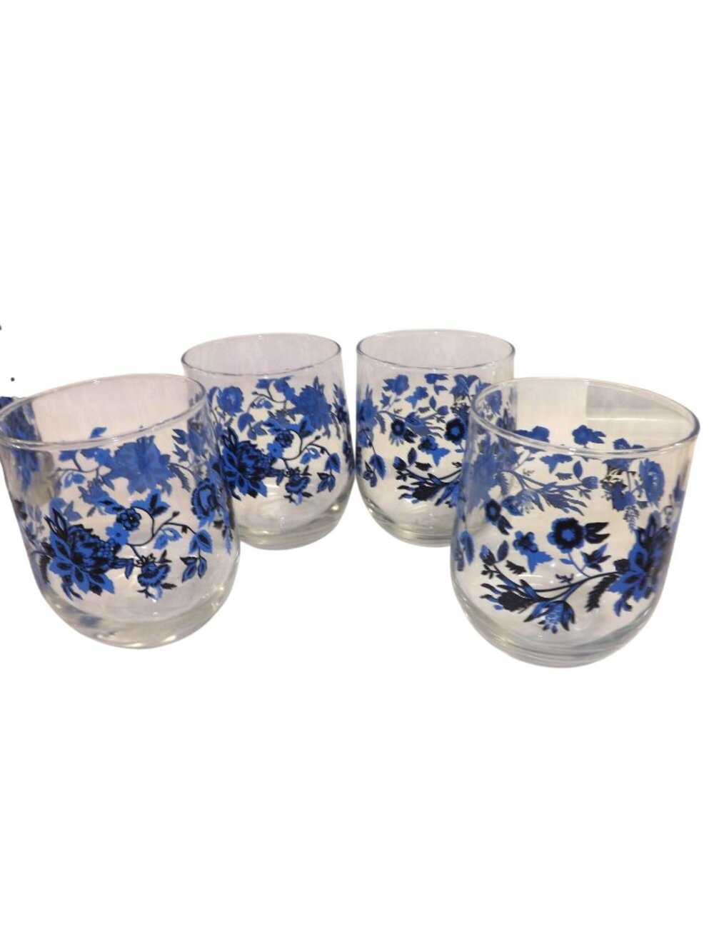 Blue Black Floral Royal Norfolk 16.8 oz.  Glass Drinking Glasses Tumblers Set  4